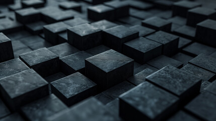 Uneven black cubes in an abstract 3D pattern.
