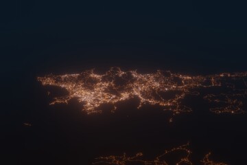 Aerial shot on Phuket (Thailand) at night, view from east. Imitation of satellite view on island with street lights and glow effect. 3d render - obrazy, fototapety, plakaty