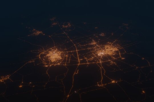 Aerial shot on Buraydah and Unaizah (Saudi Arabia) at night, view from east. Imitation of satellite view on modern city with street lights and glow effect. 3d render
