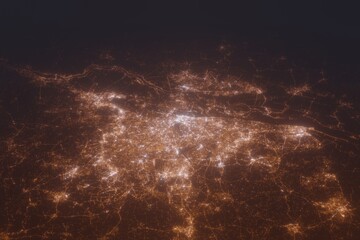 Aerial shot of Hamburg (Germany) at night, view from north. Imitation of satellite view on modern city with street lights and glow effect. 3d render - obrazy, fototapety, plakaty
