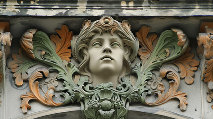Ornate Art Nouveau relief of a woman's face.