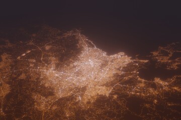 Aerial shot of Athens (Greece) at night, view from north. Imitation of satellite view on modern city with street lights and glow effect. 3d render - obrazy, fototapety, plakaty