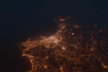 Aerial shot on Palermo (Italy) at night, view from west. Imitation of satellite view on modern city with street lights and glow effect. 3d render - obrazy, fototapety, plakaty