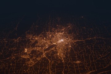 Aerial shot on Syracuse (New York, USA) at night, view from west. Imitation of satellite view on modern city with street lights and glow effect. 3d render