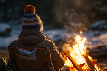 Capturing the Essence of Camping: A Woman Traveler's Joy by the Campfire, Embracing Warm Light and Cheerful Atmosphere.