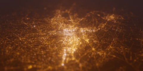 Street lights map of Zagreb (Croatia) with tilt-shift effect, view from west. Imitation of macro shot with blurred background. 3d render, selective focus