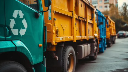 Row of recycling trucks parked on city street.