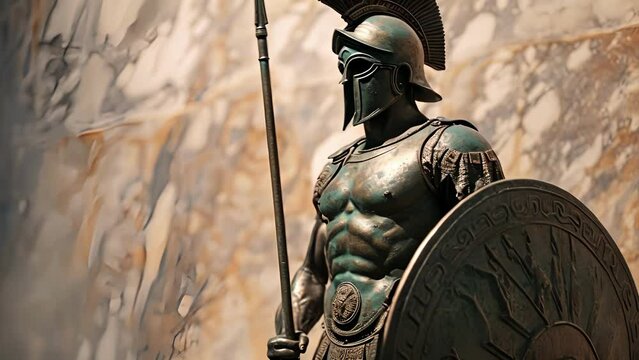 A Greek hoplite stands tall in his bronze armor, holding a shield and spear.