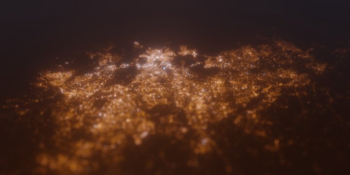 Street lights map of Helsinki (Finland) with tilt-shift effect, view from north. Imitation of macro shot with blurred background. 3d render, selective focus