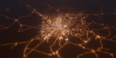 Street lights map of Yamoussoukro (Ivory Coast) with tilt-shift effect, view from north. Imitation of macro shot with blurred background. 3d render, selective focus