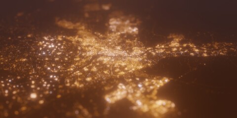 Street lights map of Cairo (Egypt) with tilt-shift effect, view from west. Imitation of macro shot with blurred background. 3d render, selective focus