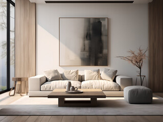 modern living room with sofa ,  frame on wall ,  sunlight,window,table,vase,modern interior design,plant,pillows