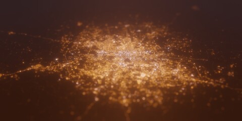 Street lights map of Hyderabad (India) with tilt-shift effect, view from north. Imitation of macro shot with blurred background. 3d render, selective focus