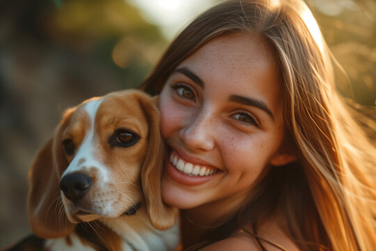 Girl  hug with dog breeds beagle.Human with dog good friend concept