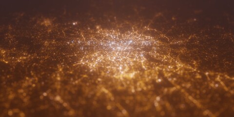 Street lights map of Brussels (Belgium) with tilt-shift effect, view from east. Imitation of macro shot with blurred background. 3d render, selective focus