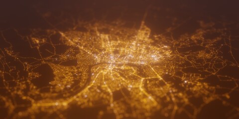 Street lights map of Vitebsk (Belarus) with tilt-shift effect, view from west. Imitation of macro shot with blurred background. 3d render, selective focus