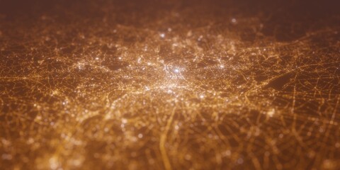 Street lights map of Gent (Belgium) with tilt-shift effect, view from north. Imitation of macro shot with blurred background. 3d render, selective focus