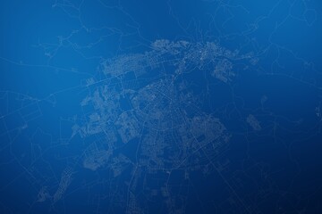 Stylized map of the streets of Fez (Morocco) made with white lines on abstract blue background lit by two lights. Top view. 3d render, illustration - obrazy, fototapety, plakaty