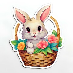 Sticker, cute bunny in basket with some flowers on white, Easter bunny. AI generation