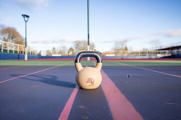 kettlebell on an athletic track showing part of the lanes