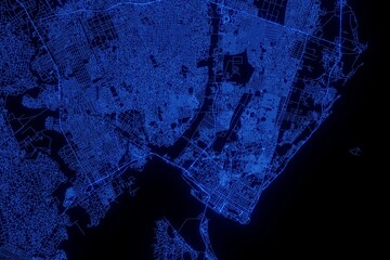 Street map of Maputo (Mozambique) made with blue illumination and glow effect. Top view on roads network - obrazy, fototapety, plakaty