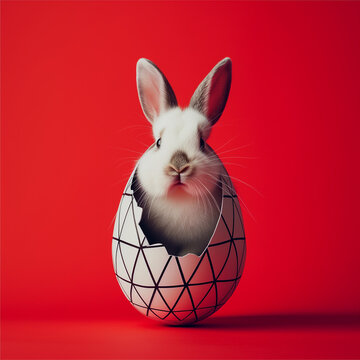 Easter bunny coming out from broken black and white easter egg on a red background in the style of geometric aesthetics. Minimal Easter concept. 