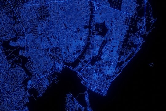 Street map of Maputo (Mozambique) made with blue illumination and glow effect. Top view on roads network