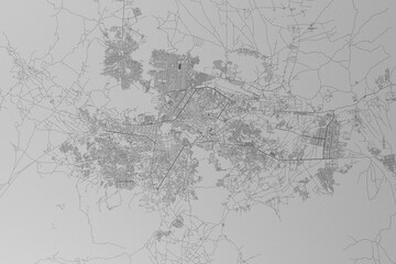 Map of the streets of Kabul (Afghanistan) made with black lines on grey paper. Top view. 3d render, illustration