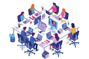 Occupied individuals within an office setting, featuring a contemporary company workplace interior where employees are seated at tables with computers. Vector Illustration