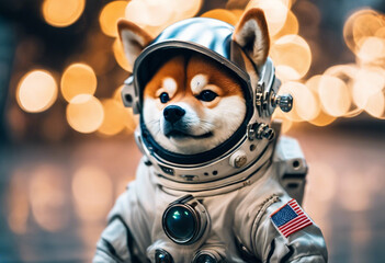 a cute happy shiba inu astronaut