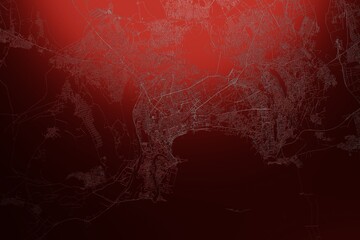 Street map of Baku (Azerbaijan) engraved on red metal background. Light is coming from top. 3d render, illustration