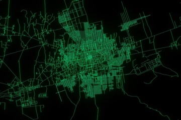 Map of the streets of Mazar-i-Sharif (Afghanistan) made with green illumination and glow effect. Top view on roads network. 3d render, illustration