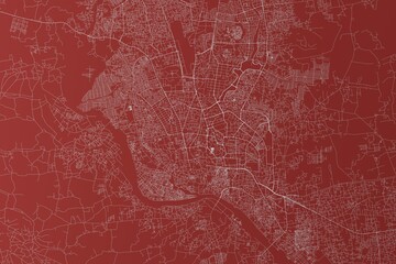 Map of the streets of Dhaka (Bangladesh) made with white lines on red background. Top view. 3d render, illustration