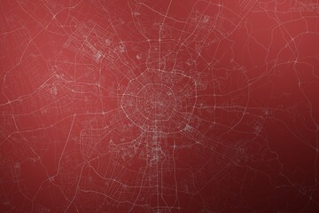 Map of the streets of Chengdu (China) made with white lines on abstract red background lit by two lights. Top view. 3d render, illustration