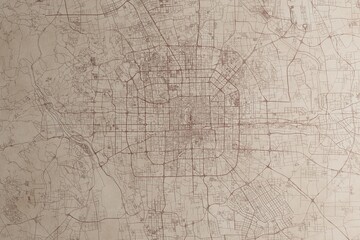 Map of Beijing (China) on an old vintage sheet of paper. Retro style grunge paper with light coming from right. 3d render