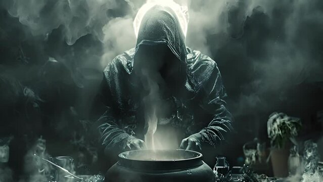 A shadowy hooded figure with a halo of light emanating from its head hovers above a cauldron filled with bubbling liquids and strange alchemical ingredients.