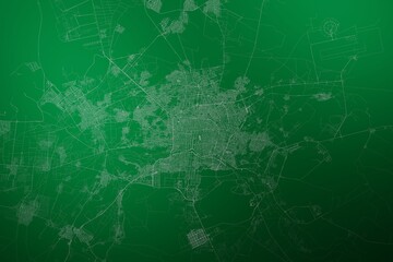 Map of the streets of Isfahan (Iran) made with white lines on abstract green background lit by two lights. Top view. 3d render, illustration - obrazy, fototapety, plakaty