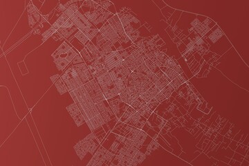 Map of the streets of Basra (Iraq) made with white lines on red background. Top view. 3d render, illustration