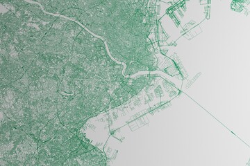 Map of the streets of Kawasaki (Japan) made with green lines on white paper. 3d render, illustration