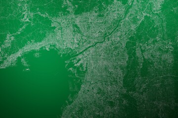 Map of the streets of Osaka (Japan) made with white lines on abstract green background lit by two lights. Top view. 3d render, illustration - obrazy, fototapety, plakaty