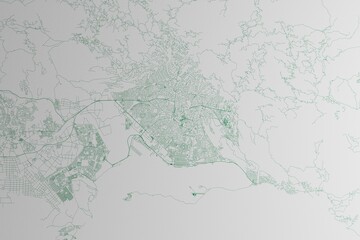 Map of the streets of Kingston (Jamaica) made with green lines on white paper. 3d render, illustration