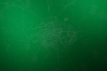 Map of the streets of Plovdiv (Bulgaria) made with white lines on abstract green background lit by two lights. Top view. 3d render, illustration
