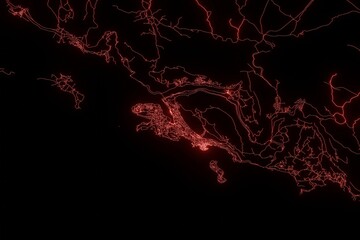 Street map of Dubrovnik (Croatia) made with red illumination and glow effect. Top view on roads network. 3d render, illustration - obrazy, fototapety, plakaty
