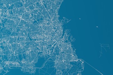 Map of the streets of Copenhagen (Denmark) made with white lines on blue background. 3d render, illustration - obrazy, fototapety, plakaty
