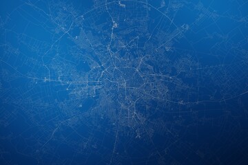 Stylized map of the streets of Bucharest (Romania) made with white lines on abstract blue background lit by two lights. Top view. 3d render, illustration