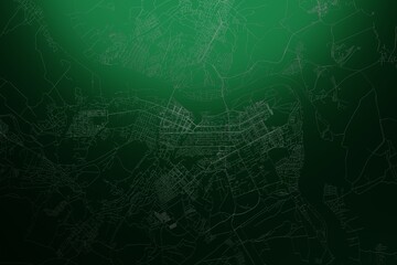 Street map of Kemerovo (Russia) engraved on green metal background. Light is coming from top. 3d render, illustration - obrazy, fototapety, plakaty