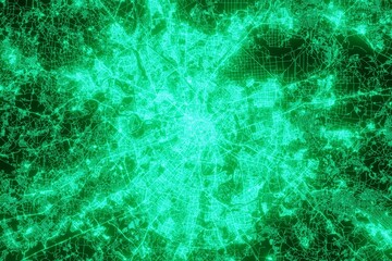 Map of the streets of Moscow (Russia) made with green illumination and glow effect. Top view on roads network. 3d render, illustration - obrazy, fototapety, plakaty