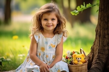 Little girl with a basket of spring flowers and a teddy bear