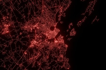 Street map of Portland (Maine, USA) made with red illumination and glow effect. Top view on roads network. 3d render, illustration - obrazy, fototapety, plakaty