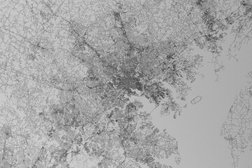 Map of the streets of Baltimore (Maryland, USA) made with black lines on grey paper. Top view. 3d render, illustration
